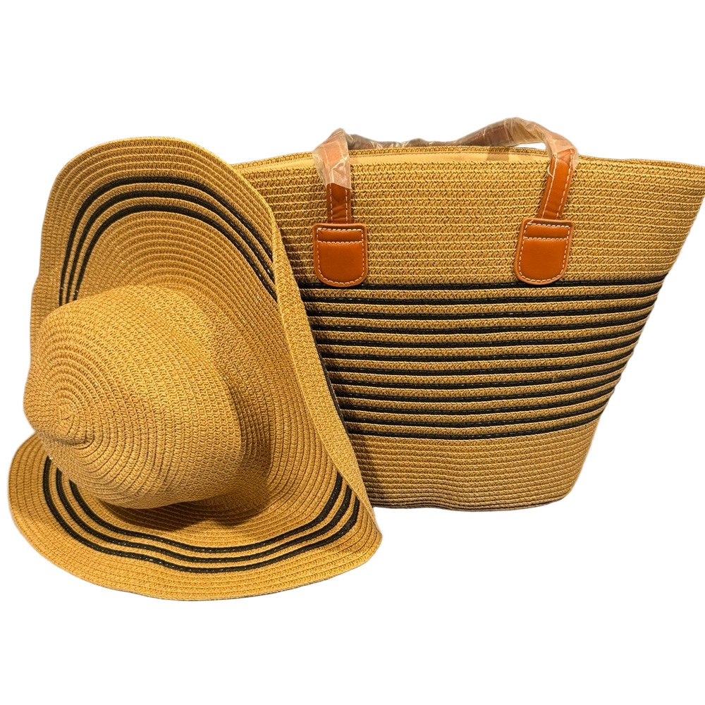 Chic Tan and Black Straw Hat and Tote Set